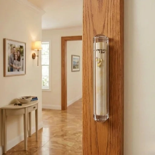 Clear Plastic Mezuzah with Rubber Cork 10 cm - with Gold Shin