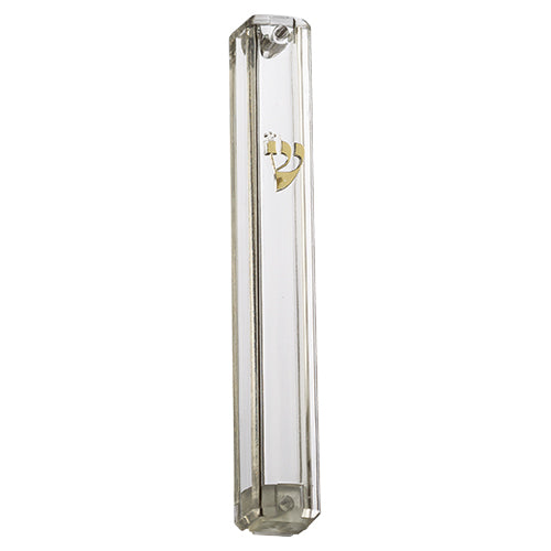 Clear Plastic Mezuzah with Rubber Cork 10 cm - with Gold Shin