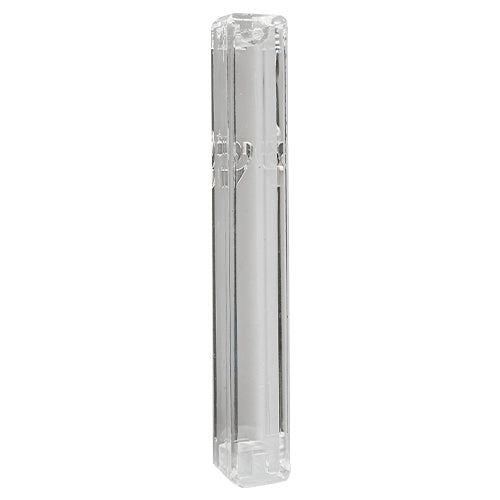 Clear Plastic Mezuzah with Rubber Cork 15 cm- with Gold Shin (28282)