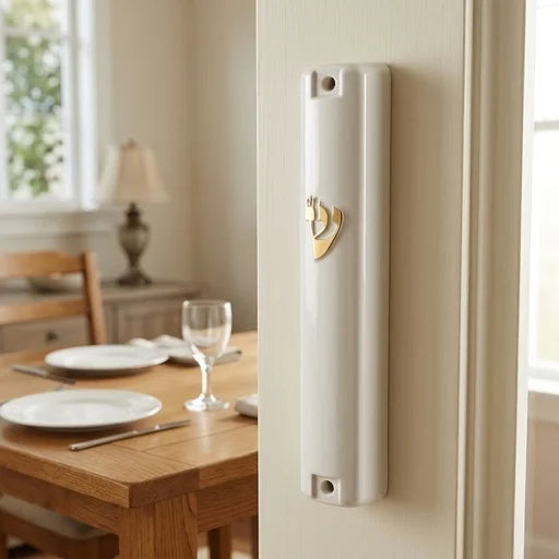 White Plastic Mezuzah with Rubber Cork 15 cm - with Gold Shin
