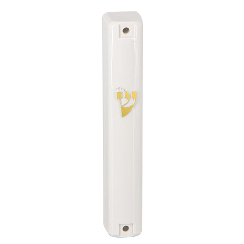 White Plastic Mezuzah with Rubber Cork 15 cm - with Gold Shin