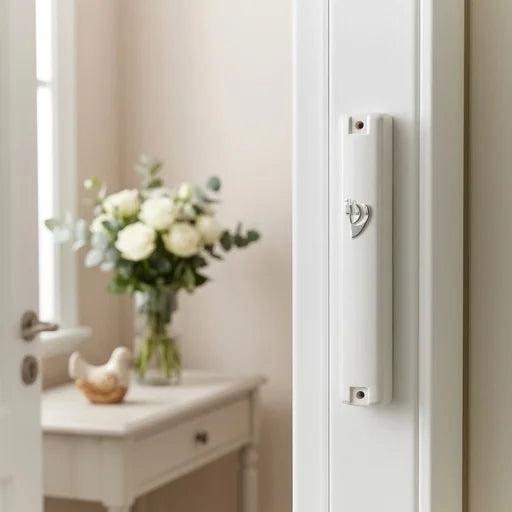 Plastic White Mezuzah with Rubber Cork 15 cm - with Silver Shin