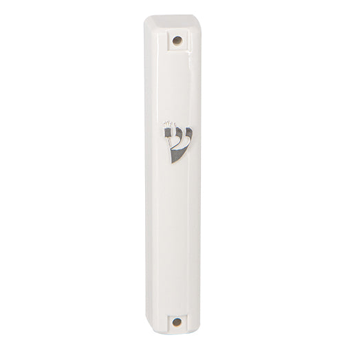 Plastic White Mezuzah with Rubber Cork 15 cm - with Silver Shin