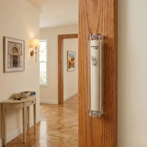 Clear Plastic Mezuzah with Rubber Cork 10 cm - with Silver Shin