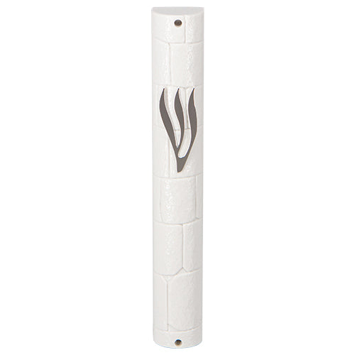 Plastic Mezuzah with Rubber Cork 15 cm- "the Kotel" White with Silver Shin