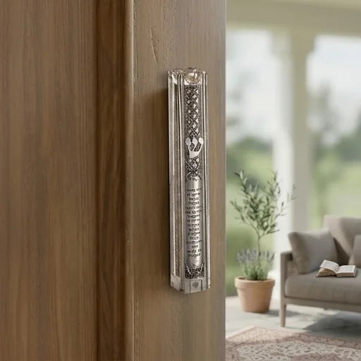 Clear Plastic Mezuzah with Rubber Cork 12 cm- with the Letter Shin and Plaque - Silver
