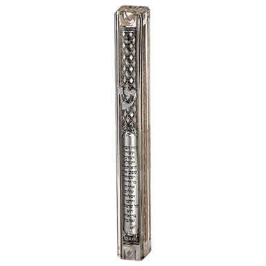 Clear Plastic Mezuzah with Rubber Cork 12 cm- with the Letter Shin and Plaque - Silver