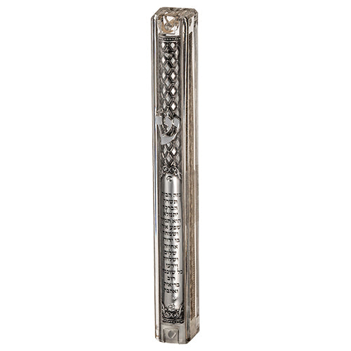 Clear Plastic Mezuzah with Rubber Cork 12 cm- with the Letter Shin and Plaque - Silver