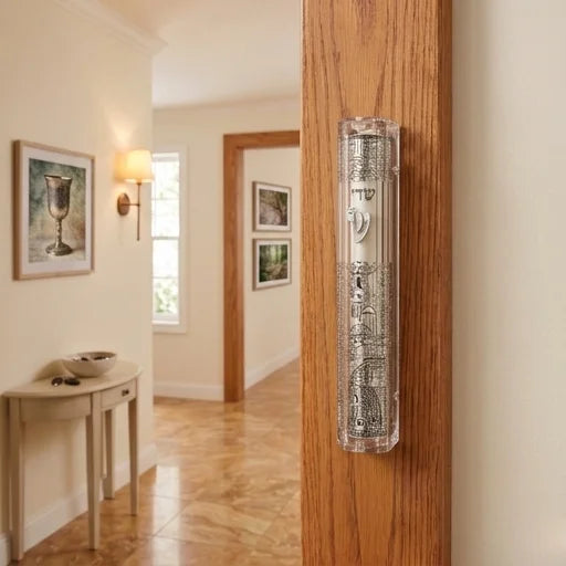 Clear Plastic Mezuzah with Rubber Cork 12 cm- with the Letter Shin and Plaque - Silver