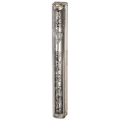 Clear Plastic Mezuzah with Rubber Cork 12 cm- with the Letter Shin and Plaque - Silver