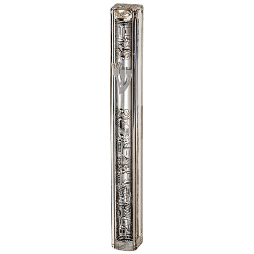 Clear Plastic Mezuzah with Rubber Cork 15 cm- with the Letter Shin and Plaque - Silver