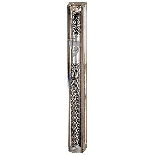 Transparent Plastic Mezuzah With Rubber Cork 20 Cm- With The Letter Shin And Plaque