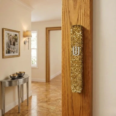 Glass Mezuzah with Stones 15 cm- Golden