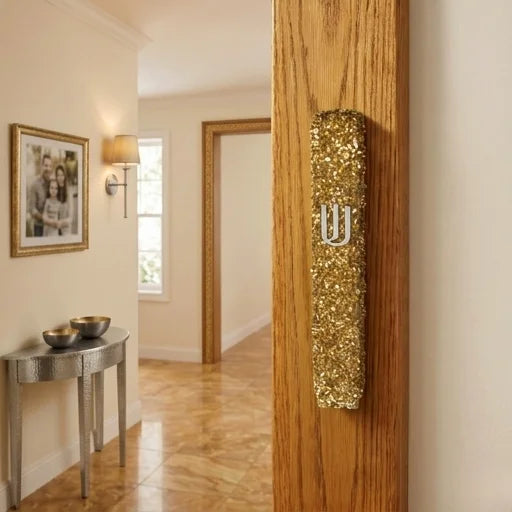 Glass Mezuzah with Stones 15 cm- Golden