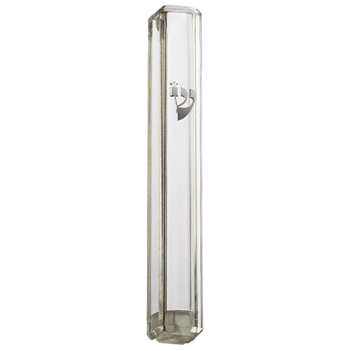 Plastic Clear Mezuzah with Rubber Cork 15cm- with the Letter Shin - Without Holes - Silver