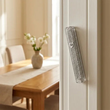 Plastic Mezuzah 10 cm Dotted Dark Slv with Rubber Cork and Letter Shin - Silver