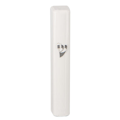 Plastic White Mezuzah with Rubber Cork 15cm- with the Letter Shin - Without Holes - Silver