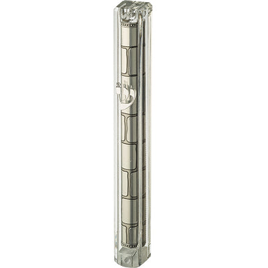 Clear Plastic Mezuzah with Rubber Cork 12 cm- with the Letter Shin and Plaque - Silver