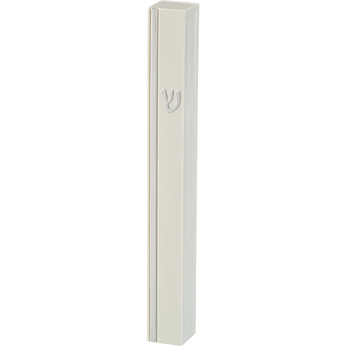 White Plastic Mezuzah 12 cm - Silver Shin & Stripe with Rubber Cork