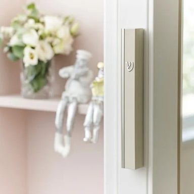 White Plastic Mezuzah 15 cm - Silver Shin & Stripe with Rubber Cork