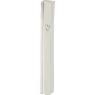 White Plastic Mezuzah 15 cm - Silver Shin & Stripe with Rubber Cork