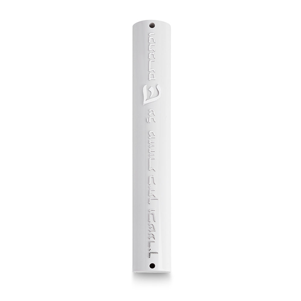 Plastic White Mezuzah With Rubber Cork 15 Cm- With Silver Shin