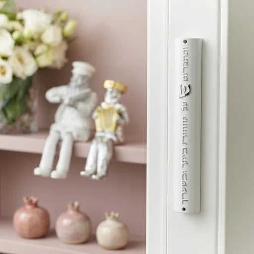 Plastic White Mezuzah With Rubber Cork 15 Cm- With Silver Shin