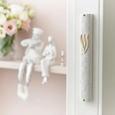 White Plastic "Kottel" Mezuzah 30 cm - Golden SHIN with Rubber Plug