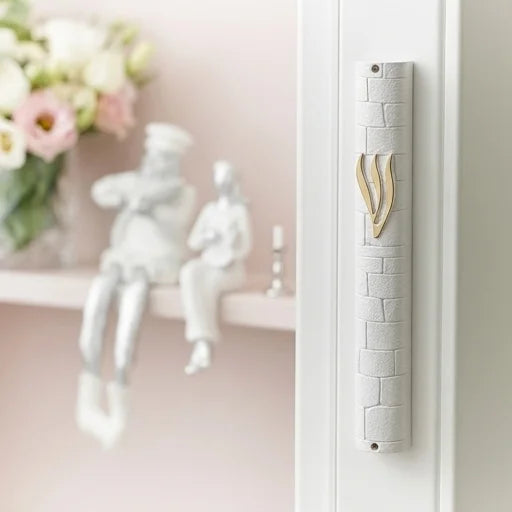 White Plastic "Kottel" Mezuzah 30 cm - Golden SHIN with Rubber Plug
