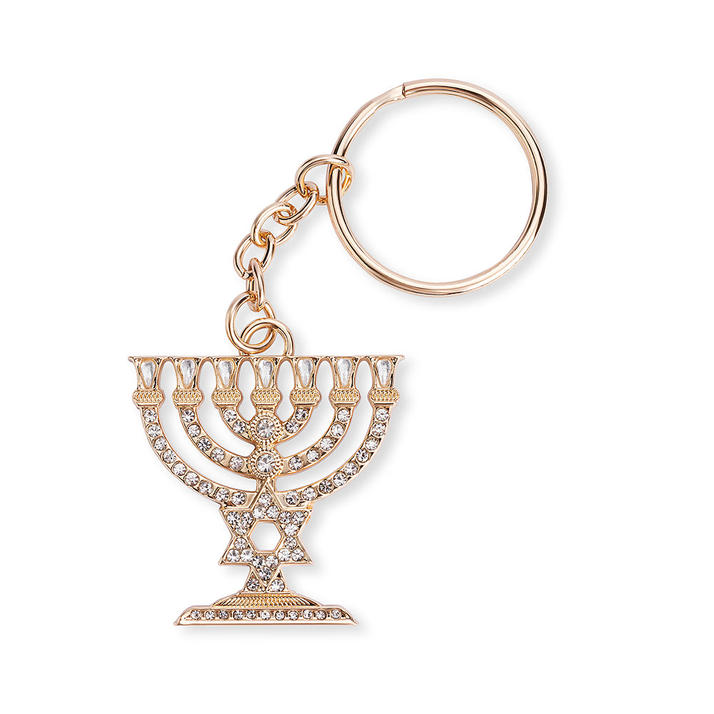 Key Chain "MENORA" with stones inlay 4 cm - Gold