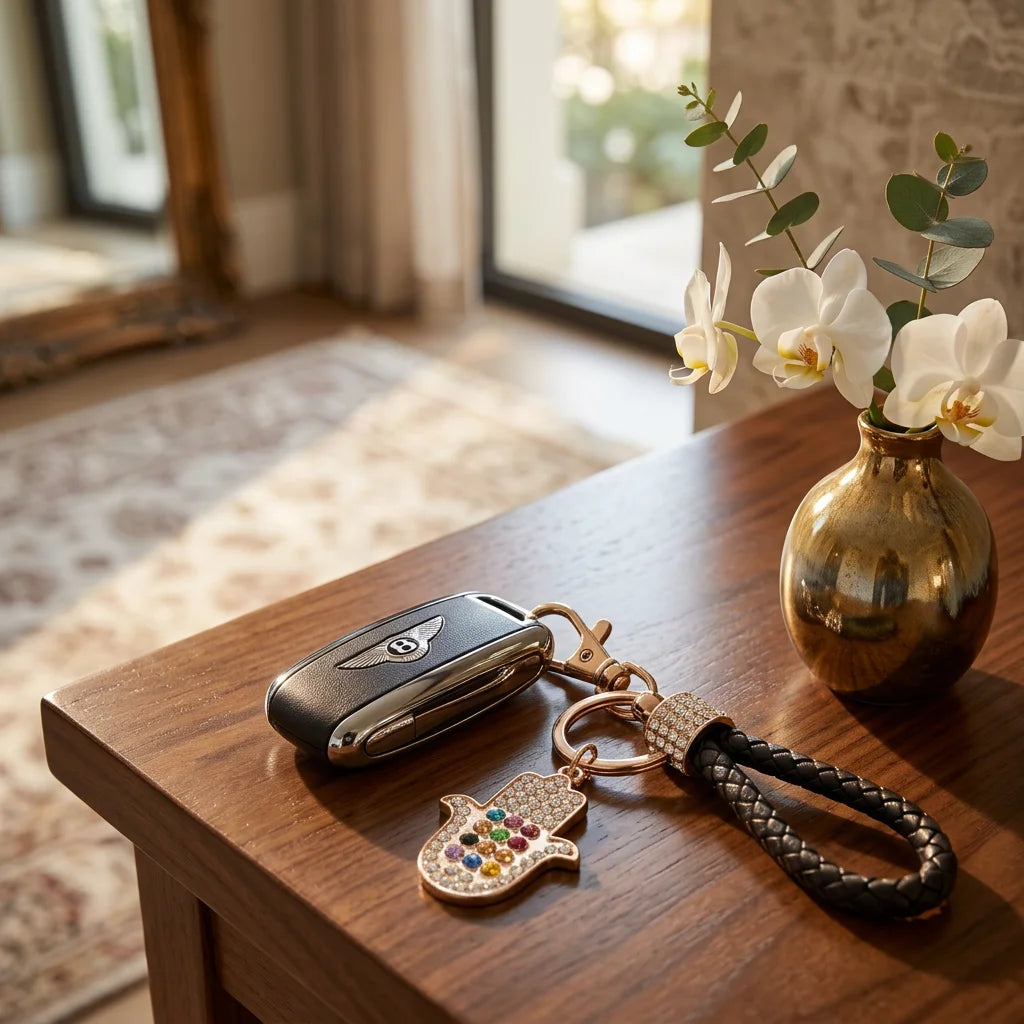 Metel Hamsa Keyholder with Stone Inlay - Gold