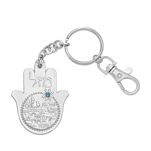 Metal Keyholder Hamsa "Mazal" 5.5 cm - Nickel - with Stones