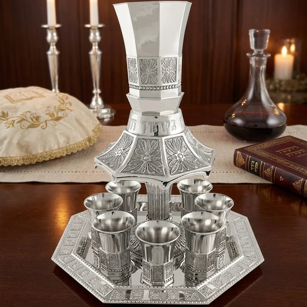 Nickel Plated Wine Divider With Kiddush Cup And 8 Small Kiddush Cups