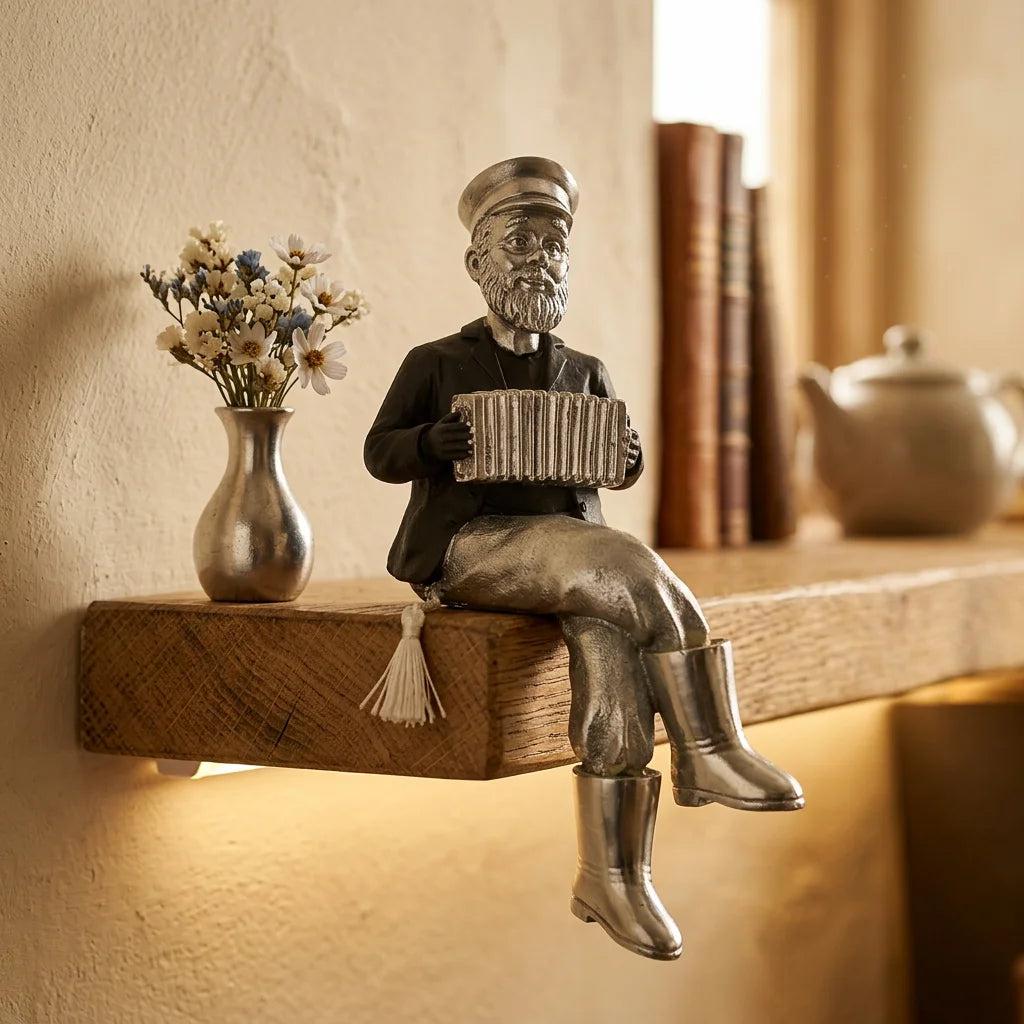 Polymer Kleizmer with Cloth Legs Playing Accordion 19 cm - Silver, Black