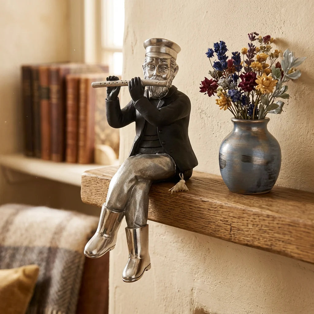 Polymer Kleizmer with Cloth Legs Playing Flute 19 cm - Silver, Black