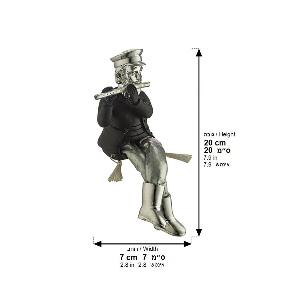 Polymer Kleizmer with Cloth Legs Playing Flute 19 cm - Silver, Black
