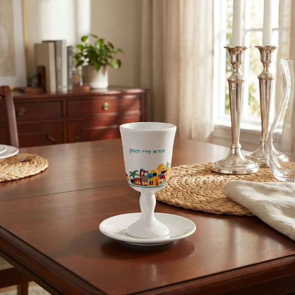 Ceramic Kiddush Cup 15 cm with Saucer