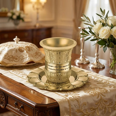 Gln Kiddush Cup 8.5 cm with Saucer Filigree with Checkered Design Contain 120ml // 3.4oz - Gold