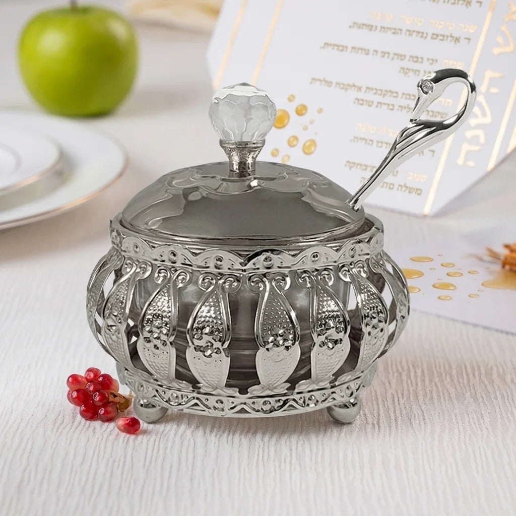 Metal Filigreen Honey Dish, 10 cm - Silver