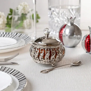 Metal Filigreen Honey Dish, 10 cm - Silver