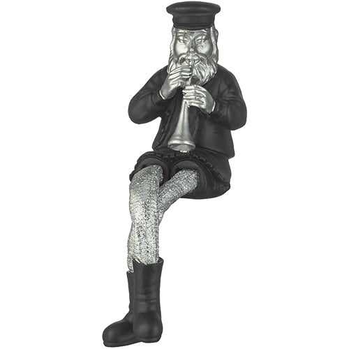 Polymer Sitting Hassidic Figurine with Cloth Legs 25 cm- Clarinet Player - Silver, Black