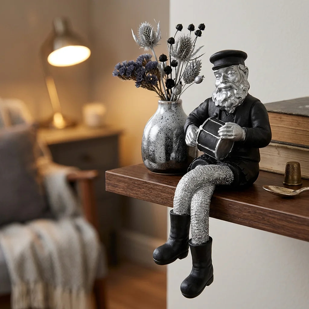 Polymer Sitting Hassidic Figurine with Black Cloth Legs 25 cm - Drum Player - Silver