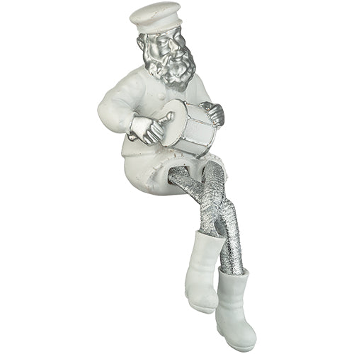 Polymer Sitting Hassidic Figurine with Black Cloth Legs 25 cm - Drum Player - Silver, White