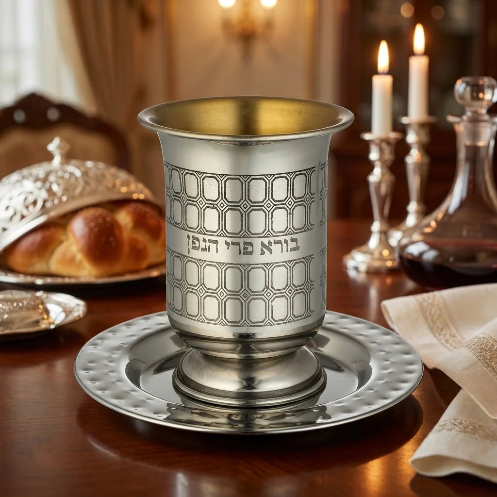 Stainless Steel Engraved Kiddush Cup 10 cm, with Rounded Saucer 12 cm
