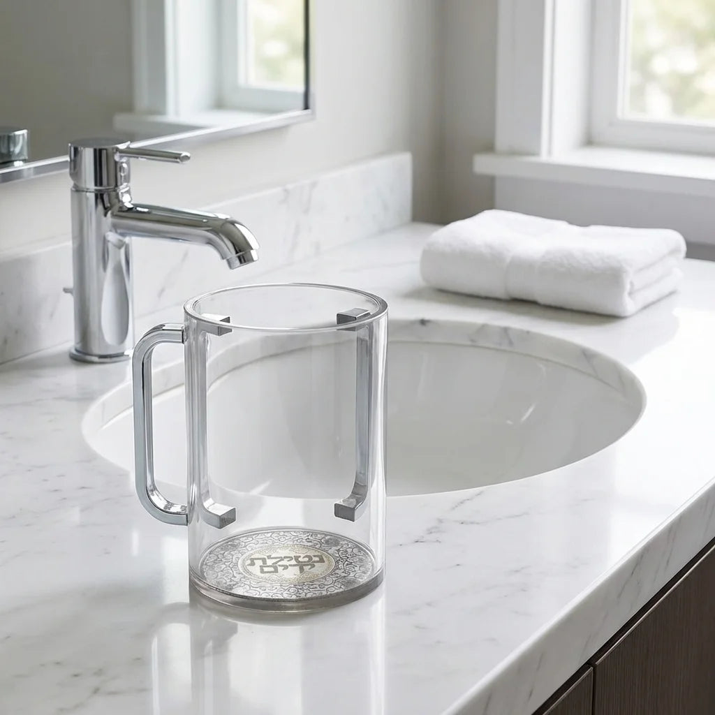 Acrylic Clear Washing Cup 13 cm- Silver Handles with Plaque