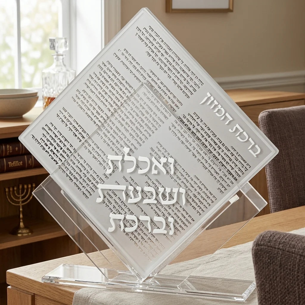 Lucite Stand 7 pcs Bencher 25*22 cm- Sephardic Food Blessing, Silver Color