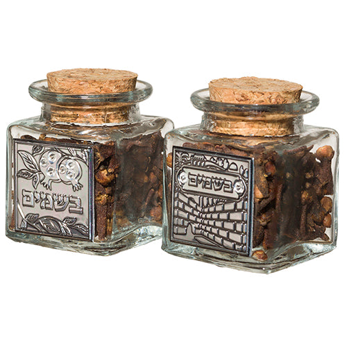 Glass Besamim Holder with Metal Plaque, Assorted Designs 6 cm