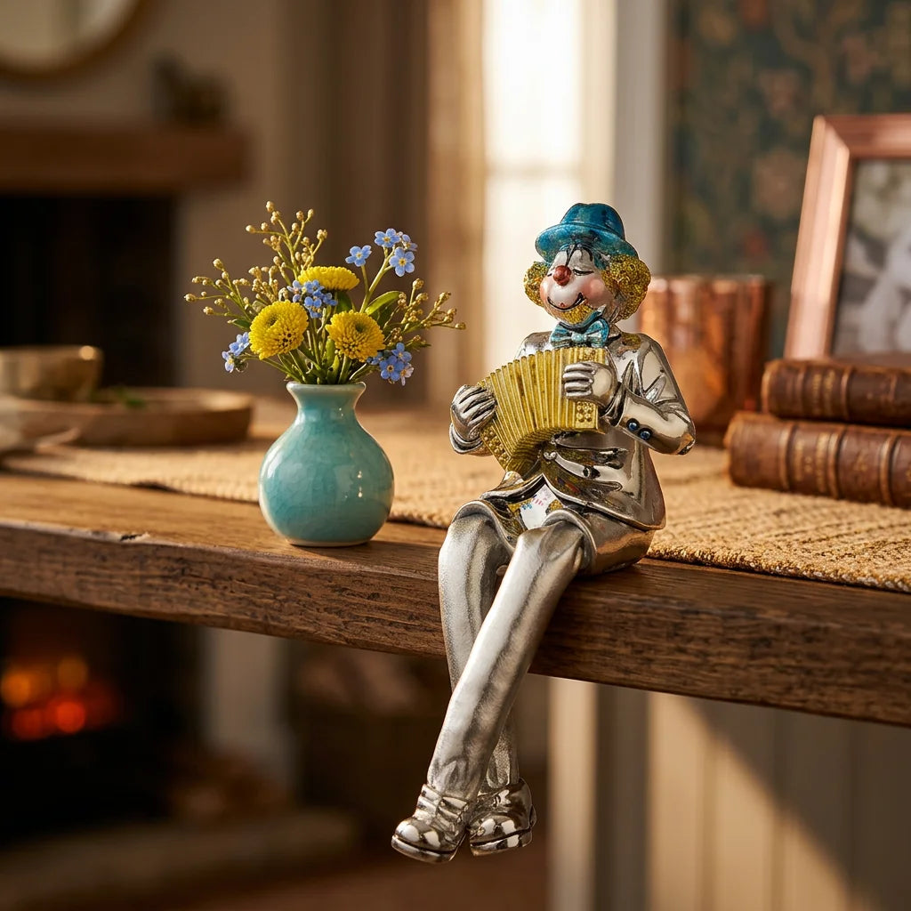 Polymer Clown Figurine with Cloth Legs 12 cm- Accordion Player - Silvered