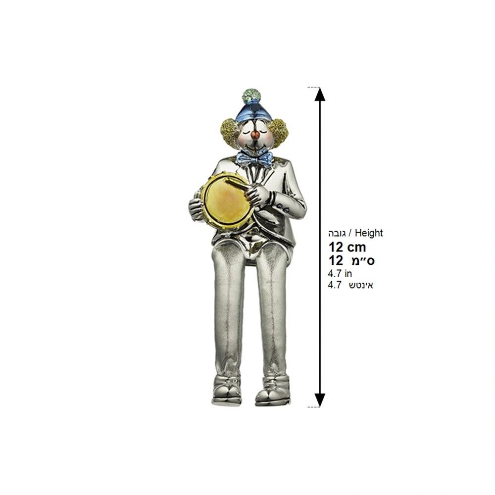 Polymer Clown Figurine with Cloth Legs 12 cm- Drum Player - Silvered