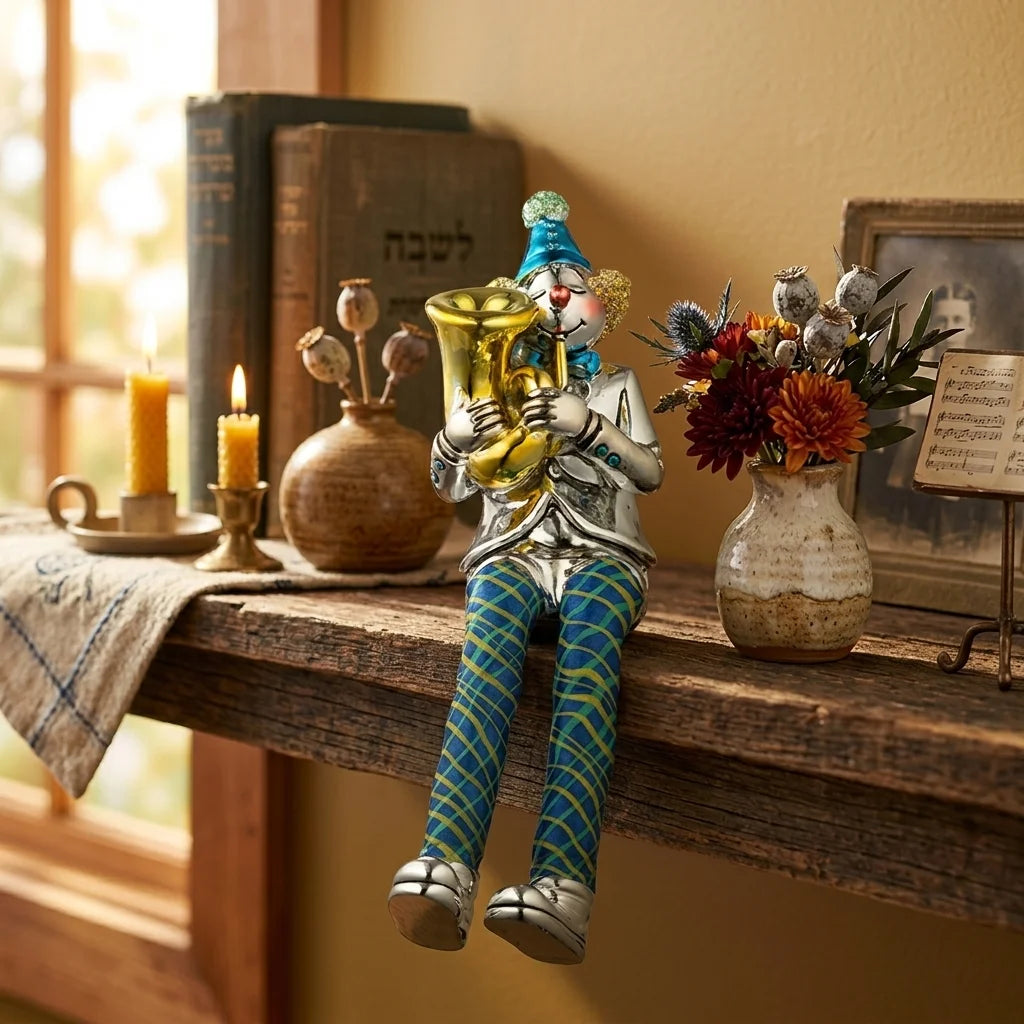 Polymer Clown Figurine with Cloth Legs 12 cm- Trombone Player - Silvered